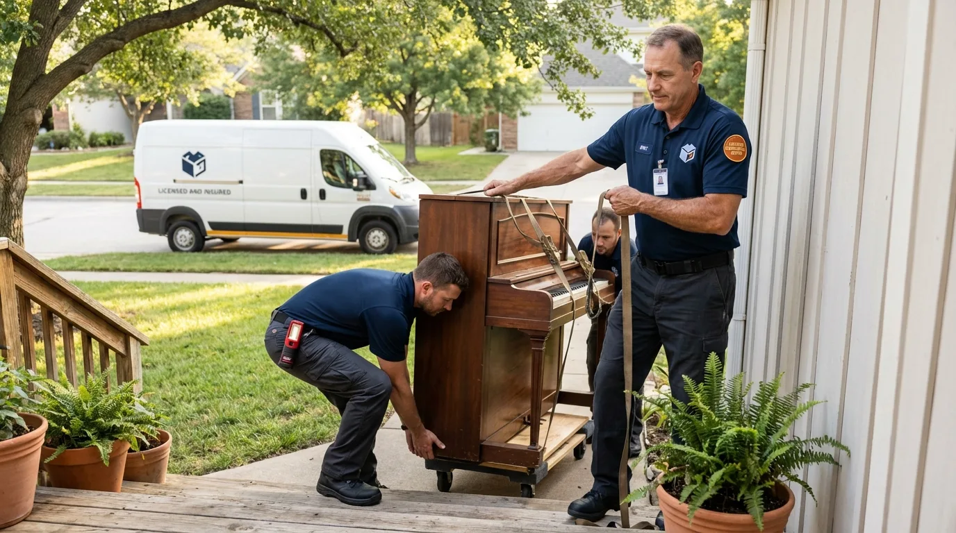 Licensed piano movers securing grand piano in Niantic, CT